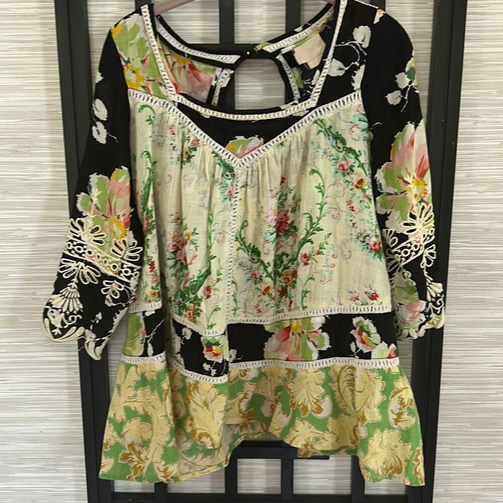 Vanessa Virginia Prateria peasant top patchwork yellow black cream embroidered s